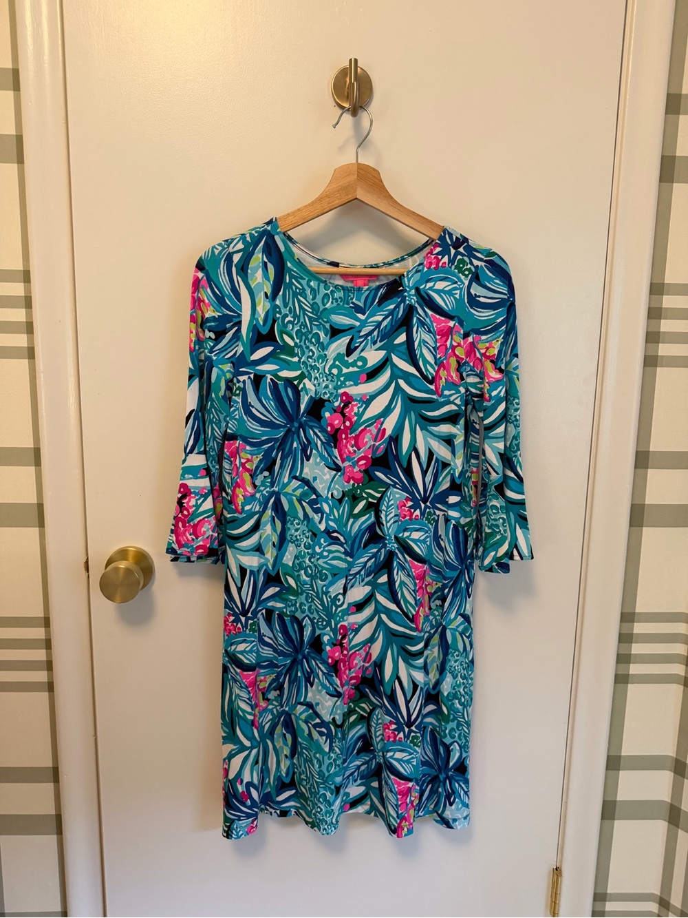 Lilly Pulitzer Teal Floral Print Swim Coverup with Pink Accents